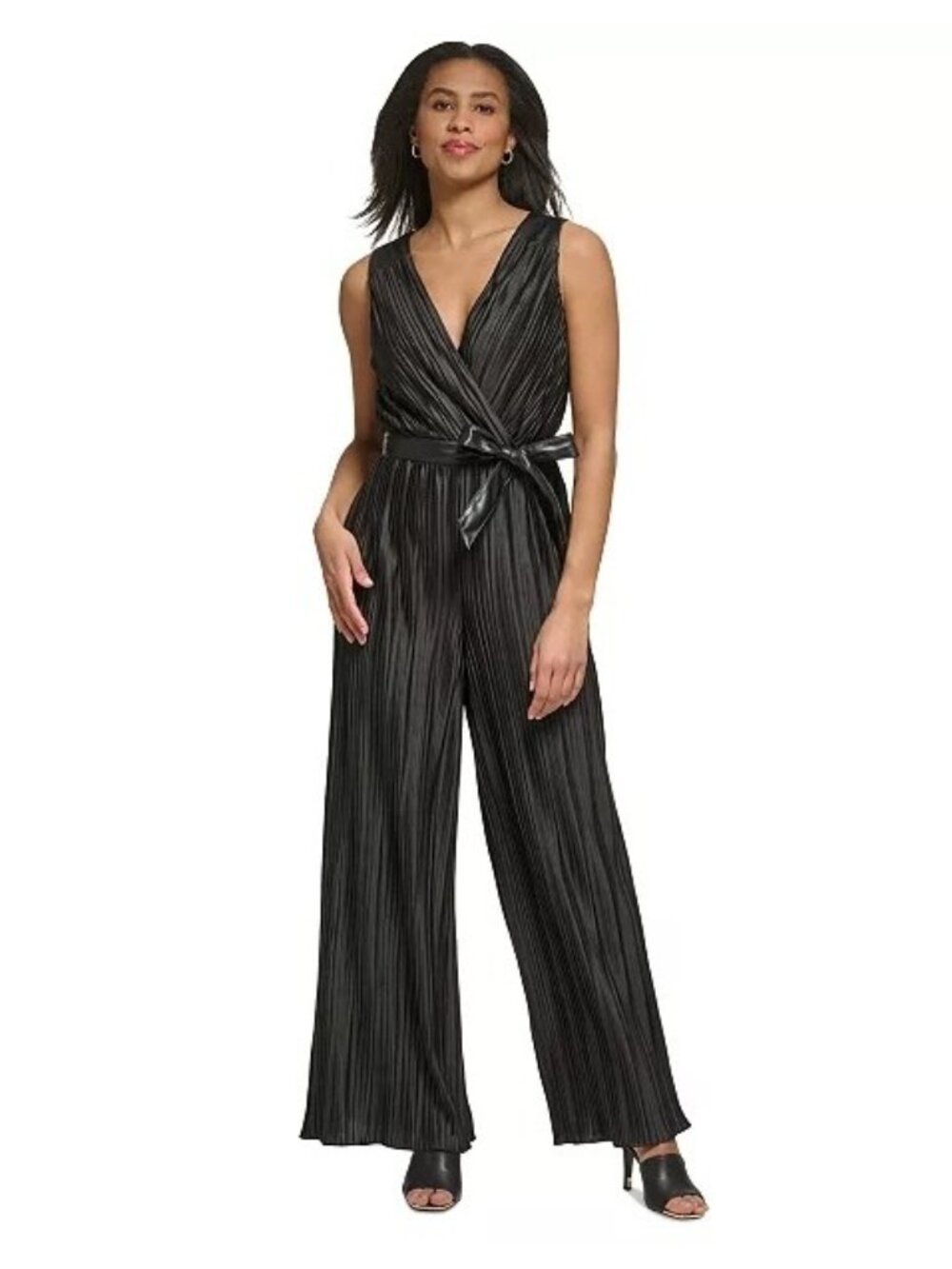 DKNY Pleated Faux Leather Double V-Neck Jumpsuit Black 6